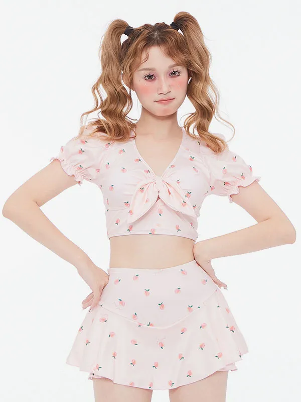 Sweet Lolita Outfits Pink Floral Print Short Sleeves Pants Top